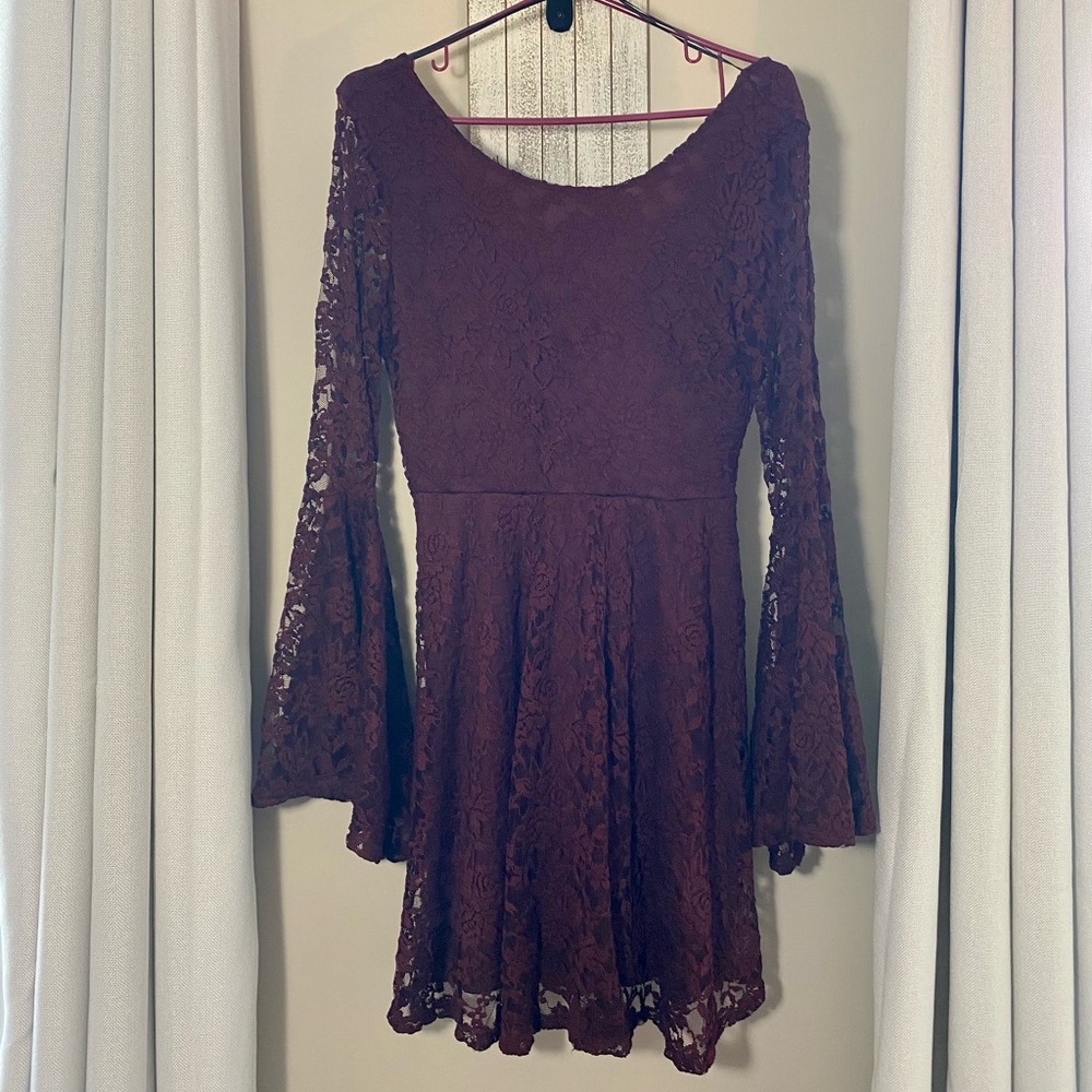 Sage lace burgundy dress with bell sleeves L